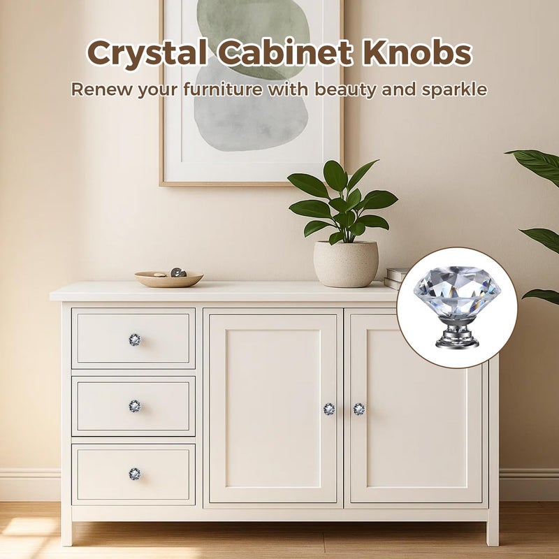 DEELF OUTLET 12 Packs Crystal Cabinet Knobs Drawer Pulls and Knobs Diamond Dresser Handles Crystal Pulls for Drawers - 30 mm Clear Glass Cabinet Knob with Silver Base - Image 2